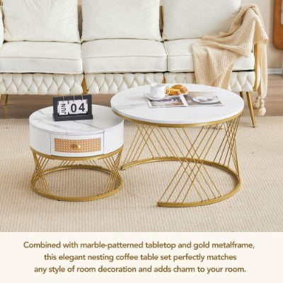 White Two-piece Coffee Table Set With Rattan Drawers, Gold Accents And Marble-style PVC Sticker Tabletop