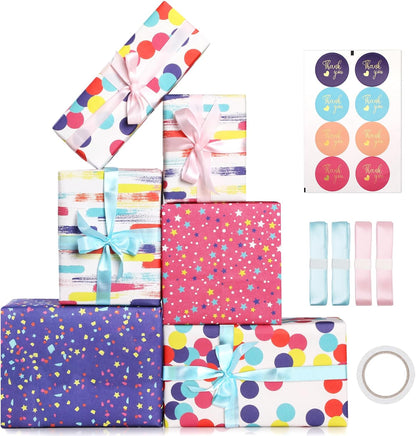 Charming 6-Sheet Gift Wrapping Paper Set with Stickers, Ribbons, and Tape - Perfect for All Occasions!