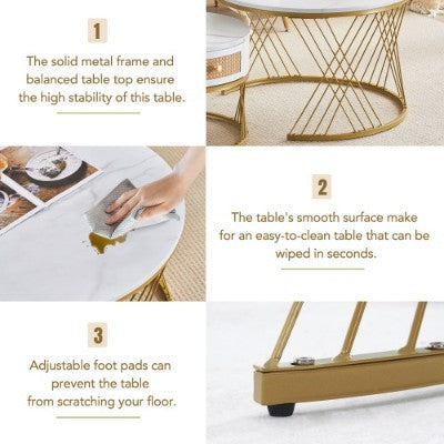 White Two-piece Coffee Table Set With Rattan Drawers, Gold Accents And Marble-style PVC Sticker Tabletop