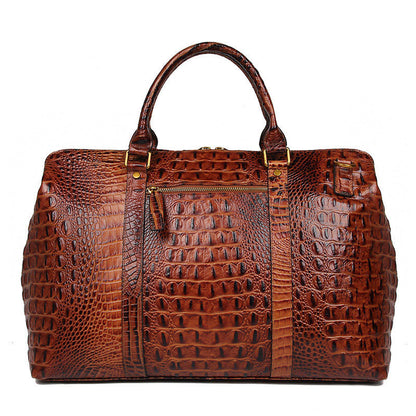Brown Croc Print Real Leather Duffle Bag For Weekend Traveling