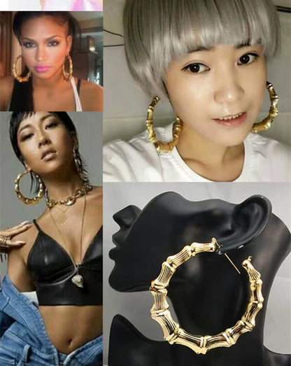 Geometric Bamboo Hoop Earrings in Gold and Silver for Women - Statement Jewelry for Hip Hop and Party Wear