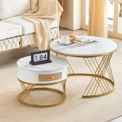 White Two-piece Coffee Table Set With Rattan Drawers, Gold Accents And Marble-style PVC Sticker Tabletop