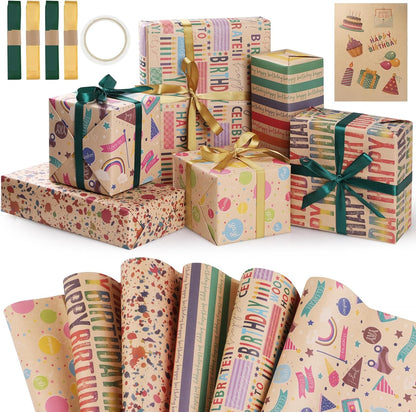 Charming 6-Sheet Gift Wrapping Paper Set with Stickers, Ribbons, and Tape - Perfect for All Occasions!