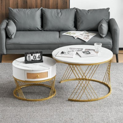 White Two-piece Coffee Table Set With Rattan Drawers, Gold Accents And Marble-style PVC Sticker Tabletop