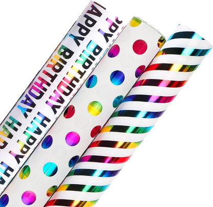 Vibrant Rainbow-Themed Gift Wrap Set - 3 Mini Rolls of Delightful Stripes and Polka Dots, Perfect for Birthdays, Baby Showers, Weddings, and All Celebrations - 17" x 118" per Roll!