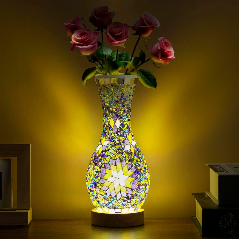 Handcrafted Turkish Mosaic Vase Lamp with Wooden Base - Moroccan Style Glass Table Lamp for Home Décor, USB Powered