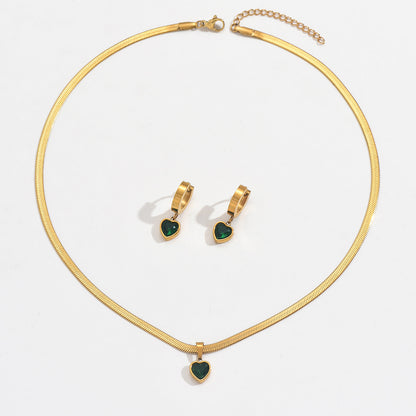 Lxalry 18K Gold Plated Stainless Steel Green Heart Jewelry Set For Women - Waterproof Hypoallergenic Elegant Necklace And Earrings Gift For Birthday Wedding Anniversary Christmas Daily Wear
