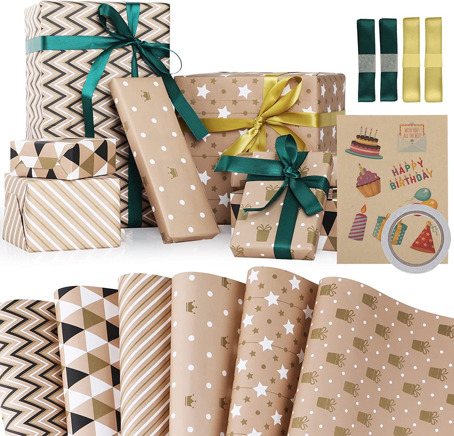 Charming 6-Sheet Gift Wrapping Paper Set with Stickers, Ribbons, and Tape - Perfect for All Occasions!