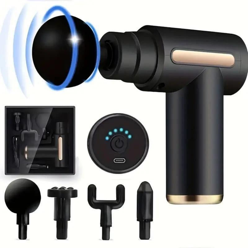 Portable USB Rechargeable 6-Speed Body Massage Gun with Adjustable Multifunctional Features for Muscle Recovery, Neck and Back Pain Relief, and Post-Workout Relaxation; Includes 4 Replaceable Heads and Ultra-Quiet Brushless Motor - Ideal Gift in Black