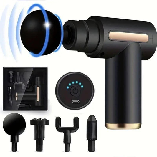 Portable USB Rechargeable 6-Speed Body Massage Gun with Adjustable Multifunctional Features for Muscle Recovery, Neck and Back Pain Relief, and Post-Workout Relaxation; Includes 4 Replaceable Heads and Ultra-Quiet Brushless Motor - Ideal Gift in Black