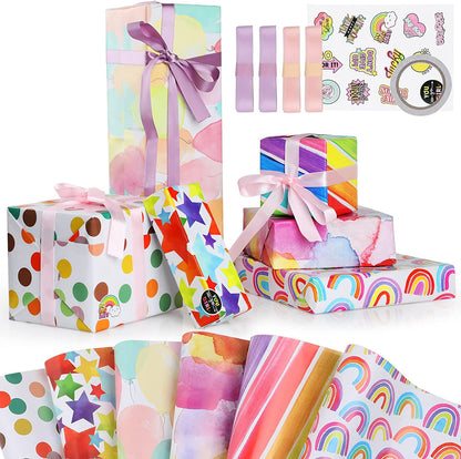 Charming 6-Sheet Gift Wrapping Paper Set with Stickers, Ribbons, and Tape - Perfect for All Occasions!