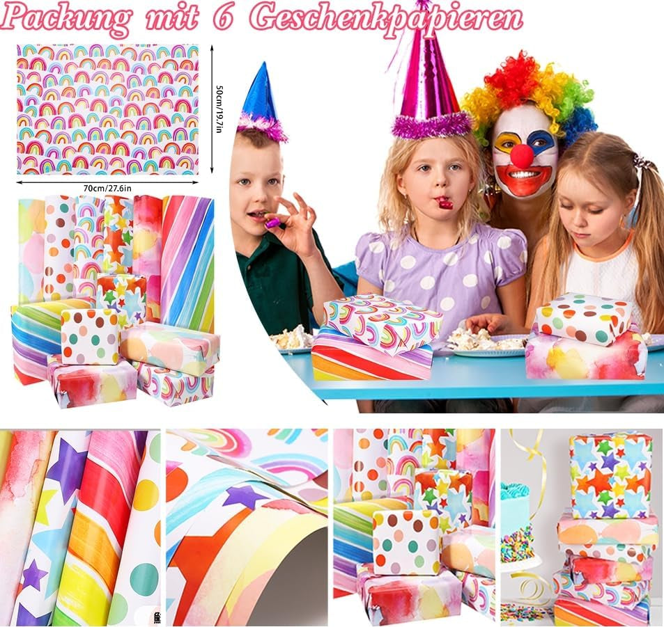 Vibrant 6-Piece Gift Wrapping Paper Set - Celebrate Every Occasion with Recyclable Birthday & Xmas Wrap, Complete with Ribbons, Stickers, and Tags!