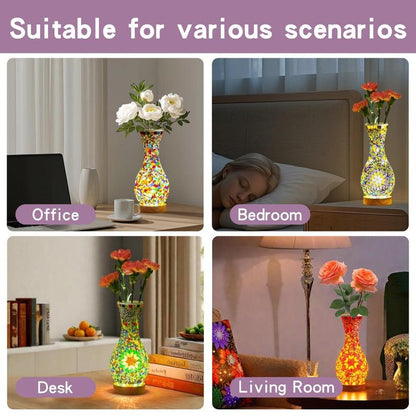 Handcrafted Turkish Mosaic Vase Lamp with Wooden Base - Moroccan Style Glass Table Lamp for Home Décor, USB Powered