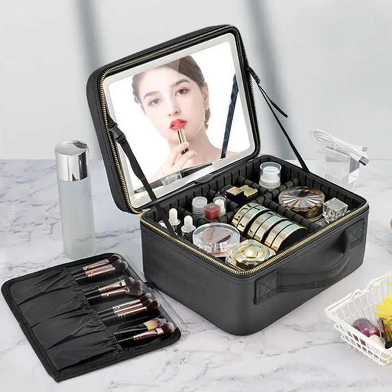 Smart LED Makeup Organizer with Mirror – Spacious Cosmetic Travel Case for the Modern Woman
