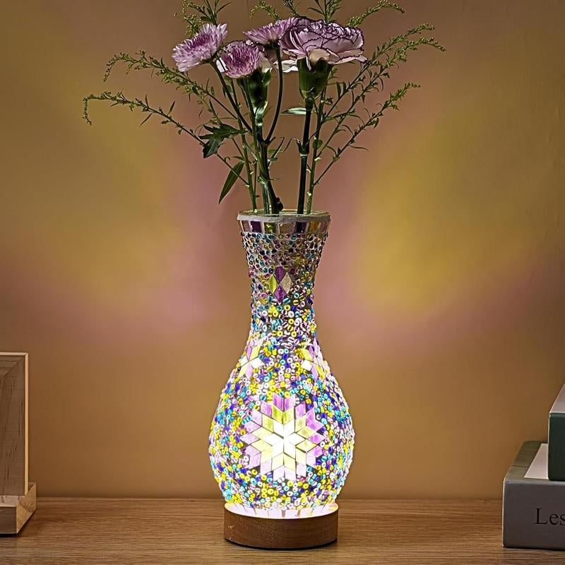 Handcrafted Turkish Mosaic Vase Lamp with Wooden Base - Moroccan Style Glass Table Lamp for Home Décor, USB Powered
