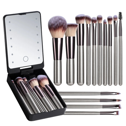 Transform Your Look with the Ultimate 14-Piece Makeup Brush Set Featuring a LED Lighted Travel Mirror!