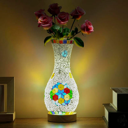 Handcrafted Turkish Mosaic Vase Lamp with Wooden Base - Moroccan Style Glass Table Lamp for Home Décor, USB Powered