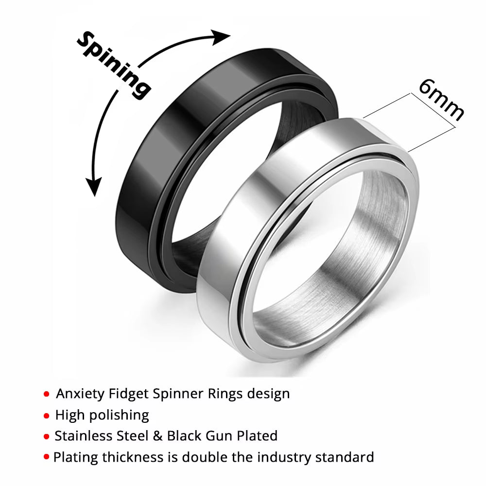 Stainless Steel Anxiety Fidget Spinner Ring - 6mm Smooth Rotating Jewelry for Men and Women, Stress Relief Gift