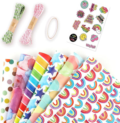 Vibrant 6-Piece Gift Wrapping Paper Set - Celebrate Every Occasion with Recyclable Birthday & Xmas Wrap, Complete with Ribbons, Stickers, and Tags!