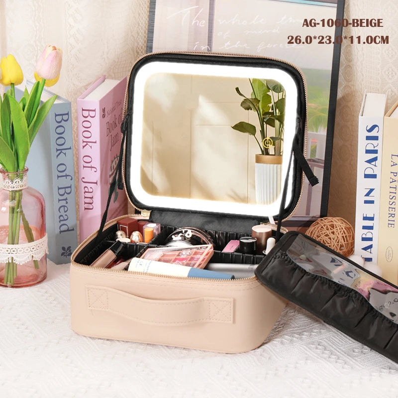 Ultimate Cosmetic Portable Travel Storage Box with 2000mAh LED Rechargeable Vanity Case and Built-in Lighted Mirror