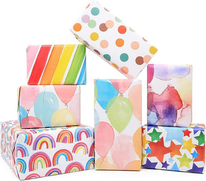 Vibrant 6-Piece Gift Wrapping Paper Set - Celebrate Every Occasion with Recyclable Birthday & Xmas Wrap, Complete with Ribbons, Stickers, and Tags!