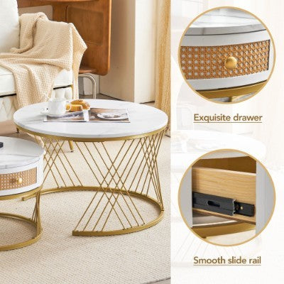 White Two-piece Coffee Table Set With Rattan Drawers, Gold Accents And Marble-style PVC Sticker Tabletop