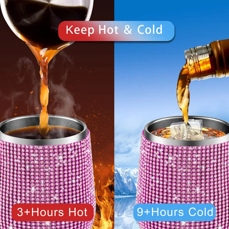 12Oz Diamond Wine Tumbler with Sealed Lid Vacuum Thermo Beer Mug Cup Stainless Steel Mug Cup Champagne Party Bridemaid Gift