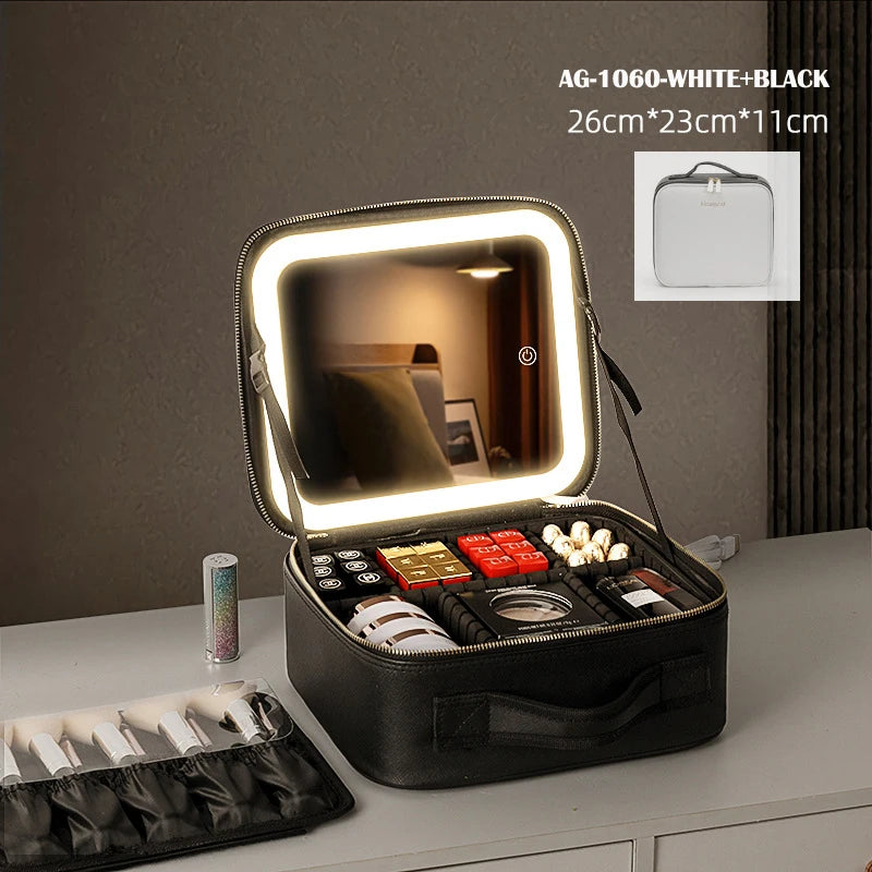 Ultimate Cosmetic Portable Travel Storage Box with 2000mAh LED Rechargeable Vanity Case and Built-in Lighted Mirror
