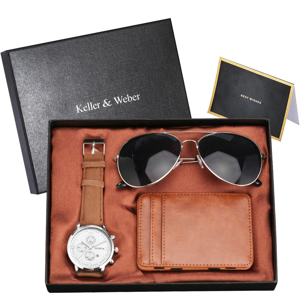 New Men's Quartz Watch Set Glasses Wallet Gift Set Box