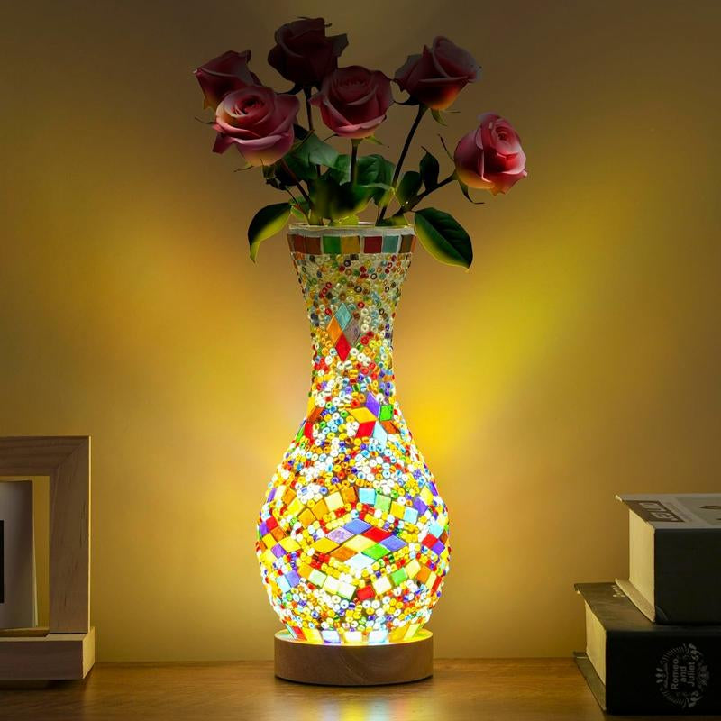 Handcrafted Turkish Mosaic Vase Lamp with Wooden Base - Moroccan Style Glass Table Lamp for Home Décor, USB Powered