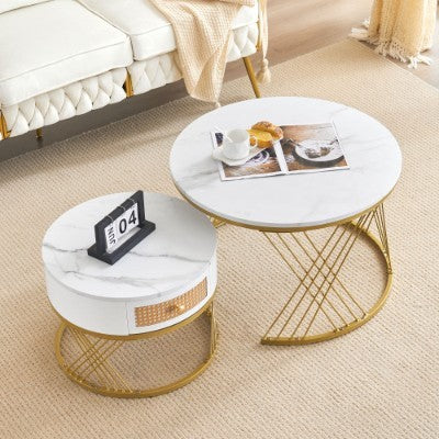 White Two-piece Coffee Table Set With Rattan Drawers, Gold Accents And Marble-style PVC Sticker Tabletop