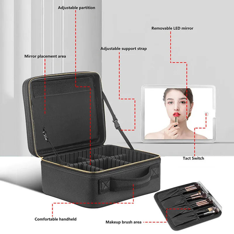 Smart LED Makeup Organizer with Mirror – Spacious Cosmetic Travel Case for the Modern Woman