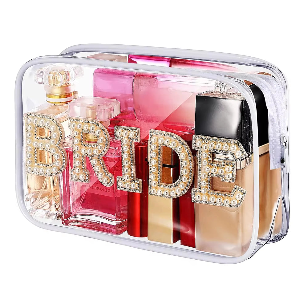 Chic 2024 Bride Pearl Rhinestone Letter Clear Makeup Bag - Perfect Gift for Weddings, Bridal Showers, and Engagements