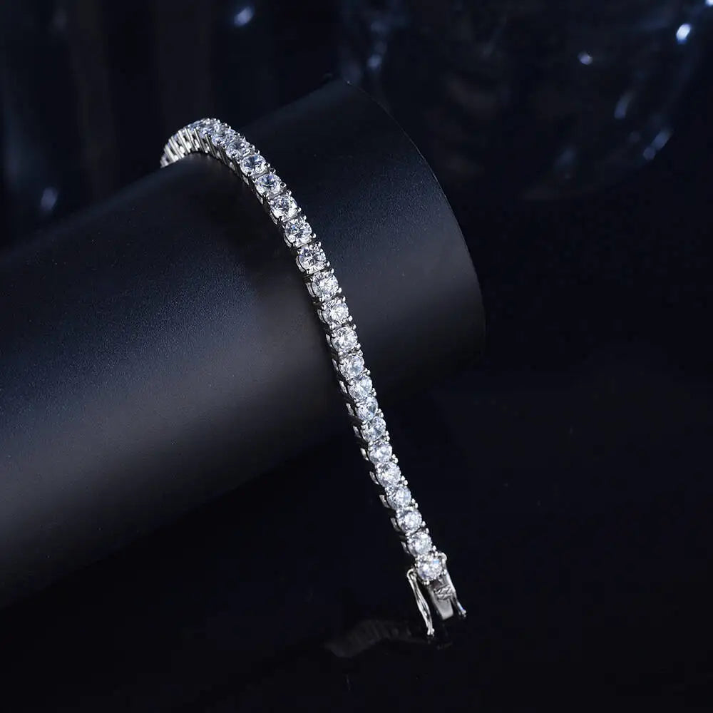 Moissanite Tennis Bracelet in 3mm and 4mm, Crafted in 925 Sterling Silver with Full Diamond Simulant Plating, Elegant Wedding and Party Jewelry for Men and Women