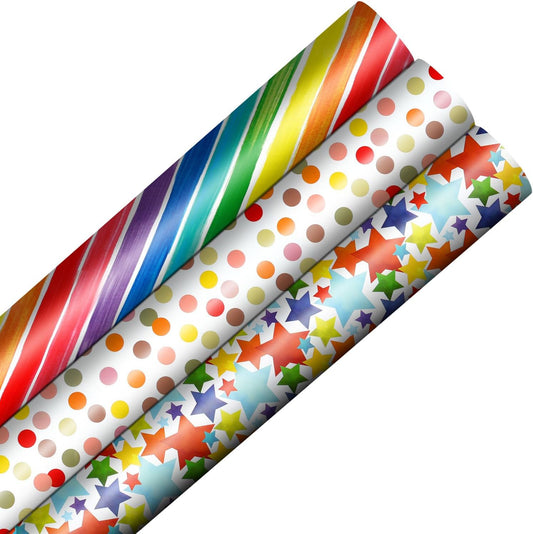 Vibrant Rainbow-Themed Gift Wrap Set - 3 Mini Rolls of Delightful Stripes and Polka Dots, Perfect for Birthdays, Baby Showers, Weddings, and All Celebrations - 17" x 118" per Roll!