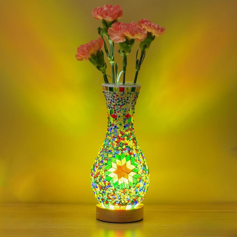 Handcrafted Turkish Mosaic Vase Lamp with Wooden Base - Moroccan Style Glass Table Lamp for Home Décor, USB Powered