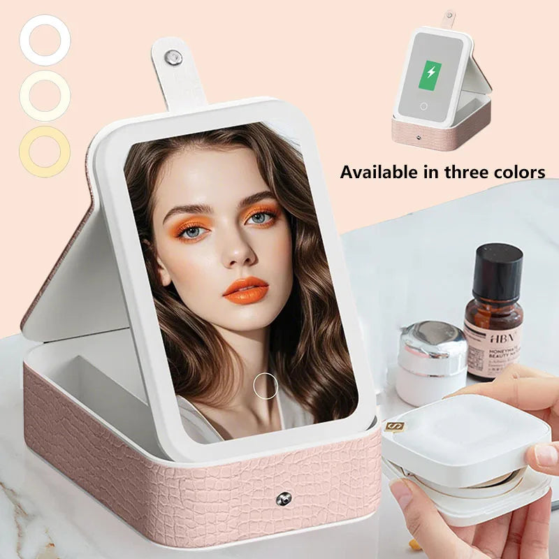 Makeup Bag with Mirror LED Travel Makeup Case Make up Bag Light up Mirror Adjustable 3 Color Rechargeable, Jewelry Box Organizer
