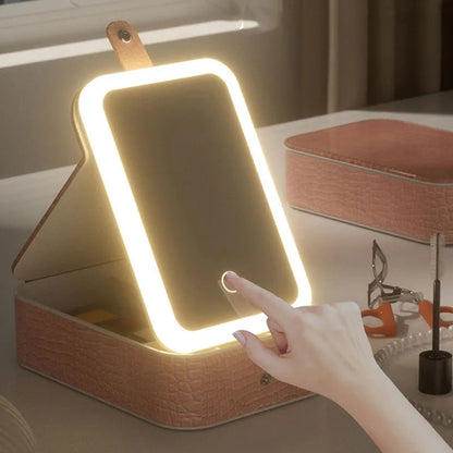 Makeup Bag with Mirror LED Travel Makeup Case Make up Bag Light up Mirror Adjustable 3 Color Rechargeable, Jewelry Box Organizer