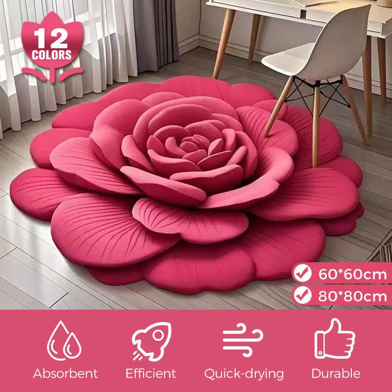 Alien Floral Plush and Diatomaceous Earth Bathroom Floor Mat - Absorbent, Anti-Slip, 3D Fresh Flower Design, Dirt-Resistant