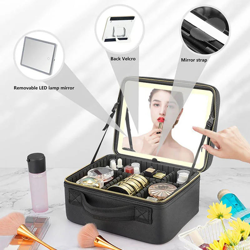 Smart LED Makeup Organizer with Mirror – Spacious Cosmetic Travel Case for the Modern Woman