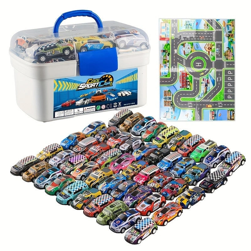 A 50-piece Alloy Toy Car Set With A Storage Box And A Foldable Play Mat, As Well As A Wide Variety Of Combinations, Perfect As An Educational And Entertaining Gift For Children Aged 3 And Up