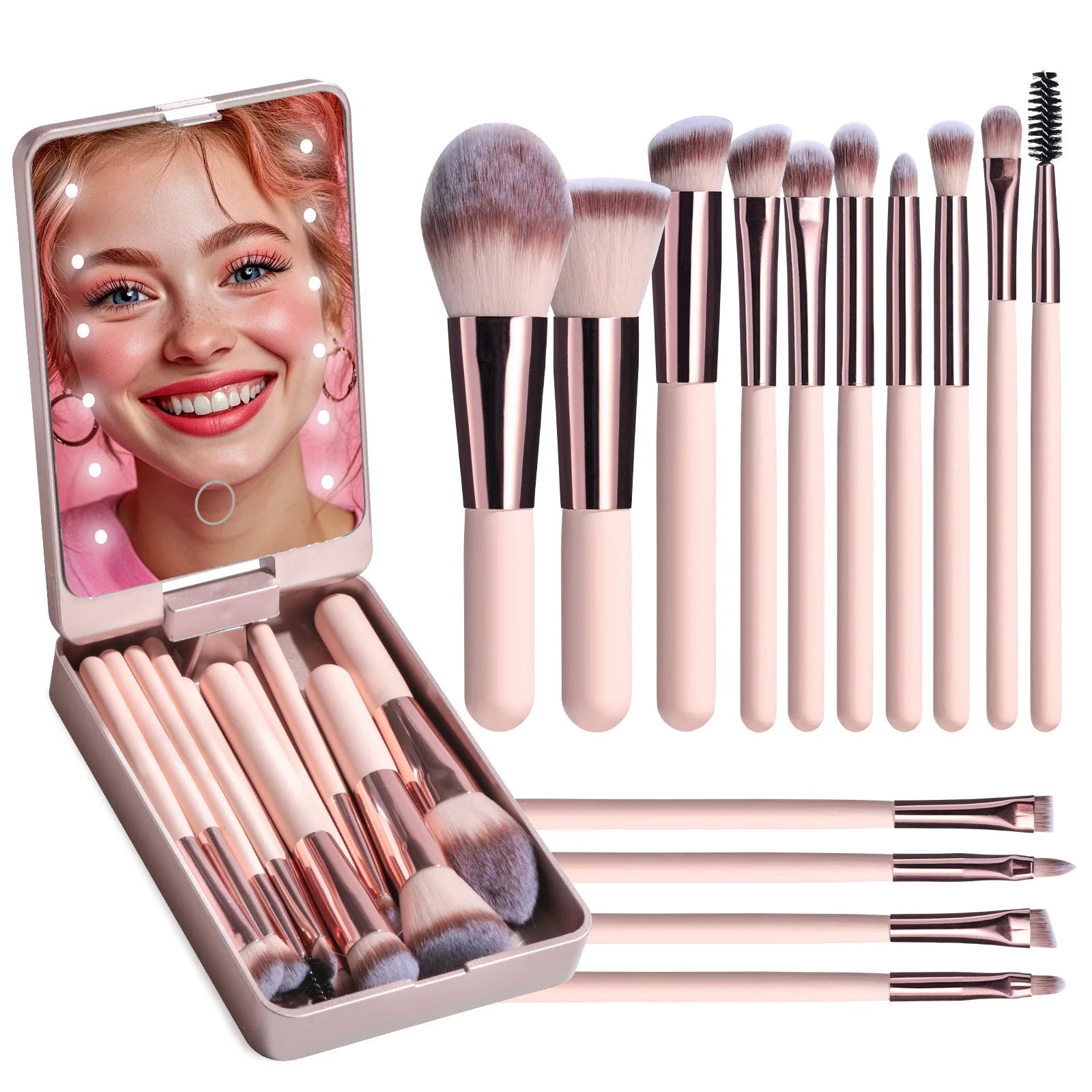 Transform Your Look with the Ultimate 14-Piece Makeup Brush Set Featuring a LED Lighted Travel Mirror!