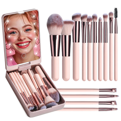 Transform Your Look with the Ultimate 14-Piece Makeup Brush Set Featuring a LED Lighted Travel Mirror!