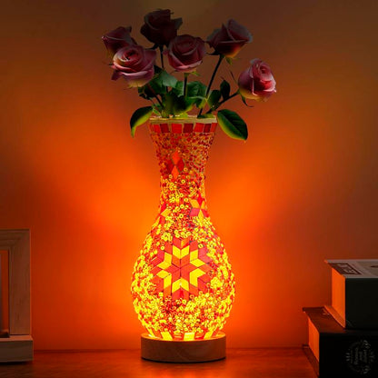 Handcrafted Turkish Mosaic Vase Lamp with Wooden Base - Moroccan Style Glass Table Lamp for Home Décor, USB Powered
